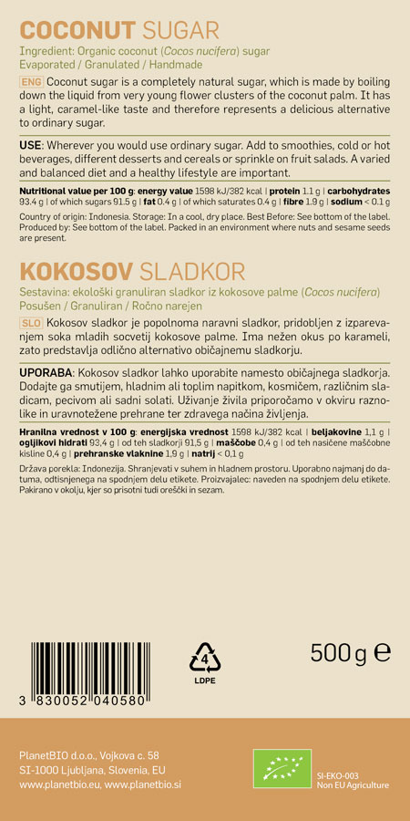 PlanetBIO ekološki kokosov sladkor